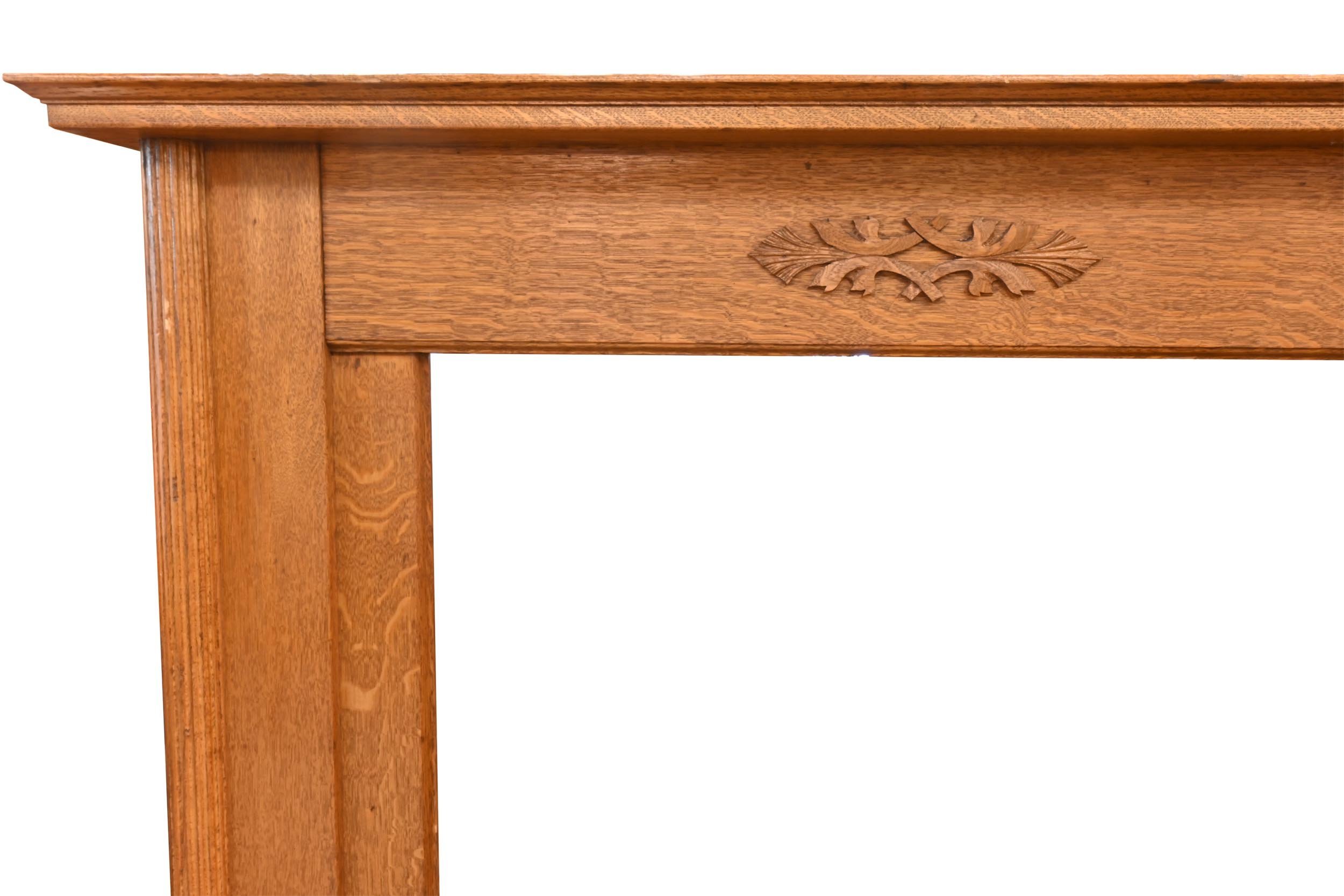 dark stain ornately carved tiger oak mantel — Architectural Antiques